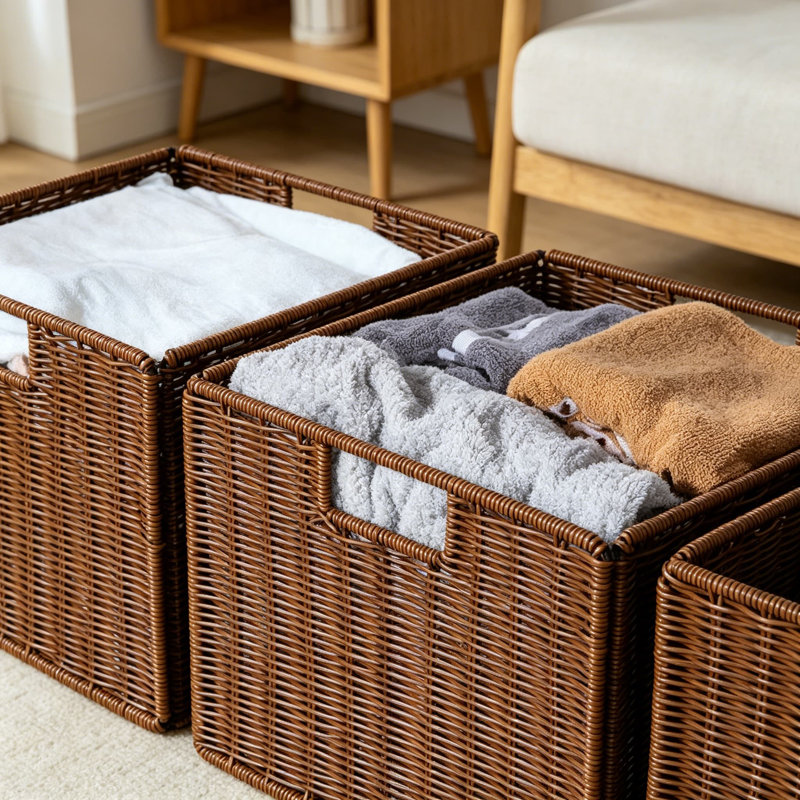 Handwoven Wicker Storage Basket With Handles, Foldable Organization Bin For Shelves, Pantry, Kitchen And Bathroom
