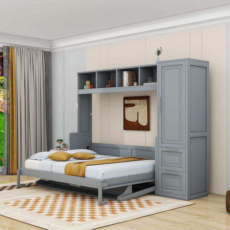 Ajae Murphy Bed with Storage Bookcase, Drawers and Wardrobe, Grey, Queen