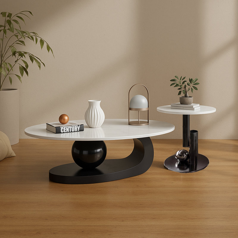 Coffee Table Set 51"Oval Sintered Stone & 19.7"Round Table Steel Sphere+C-Base for Room/Studio