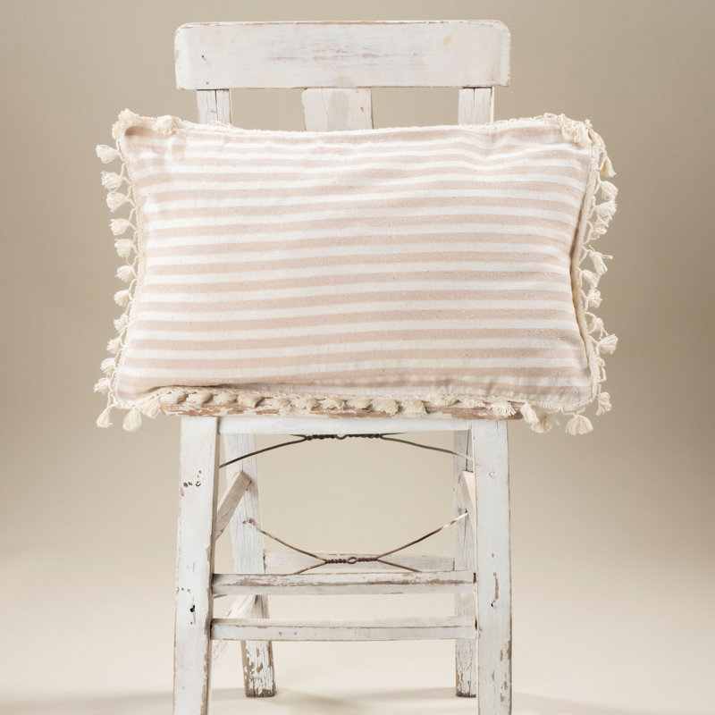 Royale Striped White Rectangular Throw Pillow Cover, Cream/Latte