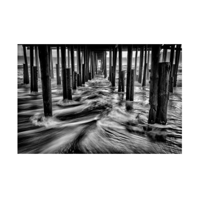 Wrapped Canvas Wall Art - Rick Berk 'Under Kitty Hawk Pier Monochrome' Wall Art for Living Room, Bedroom, or Office Décor - 12x19