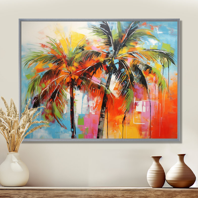 Popart Palm Trees I On Canvas Print, 30" H x 40" W x 1.5" D, Silver Floater Framed