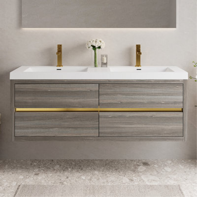 Meuble-lavabo mural 60 po avec lavabo double, meuble de rangement flottant pour salle de bain avec comptoir en résine de pierre et tiroirs à fermeture en douceur