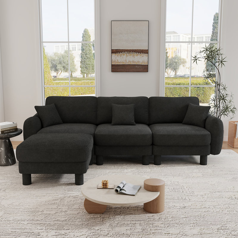 Modern Boucle Upholstered Sofa,3-Seater L-Shaped Sofa Couch With  Movable Ottoman, Dark Gray