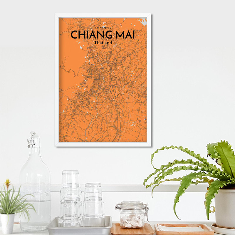 Chiang Mai City Map In Orange - No Frame Print, 27.6cm H x 19.7cm W x 0.05cm D