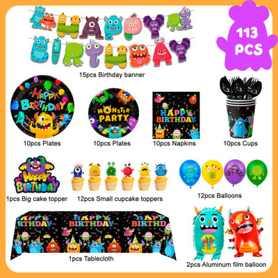 Décorations pour une fête d'anniversaire Monstres et Cie pour enfants, ensemble de 113 pièces comprenant des décorations et de la vaisselle.