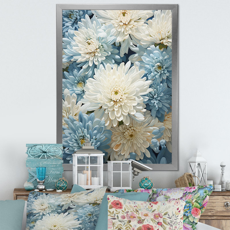 Minimalisme «Blooming Mums» en bleu et blanc III sur toile, H 44 po x l 34 po x P 1,5 po, Cadre simple argenté