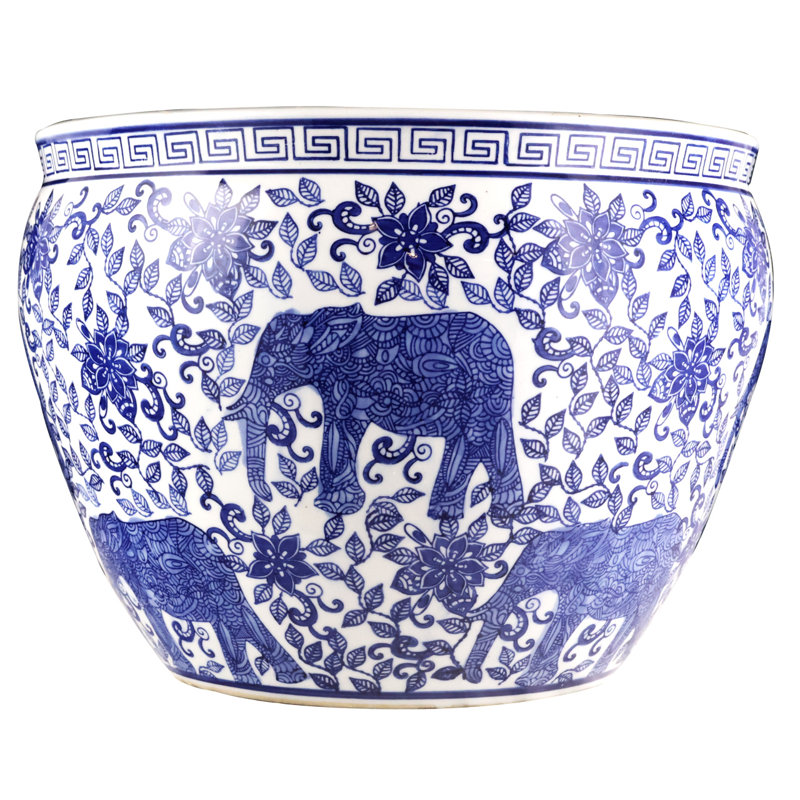 Blue And White Porcelain Fishbowl With Elephant Design, 9" H x 12" W x 12" D