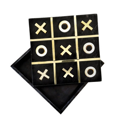 Ensemble de jeu Leic Tic Tac Toe, marbre noir avec incrustation dorée, 12 po