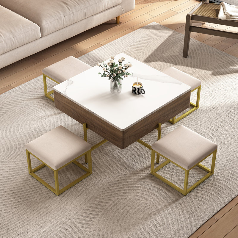 Ensemble de tables basses à plateau relevable moderne avec rangement et 4 repose-pieds blanc et noyer