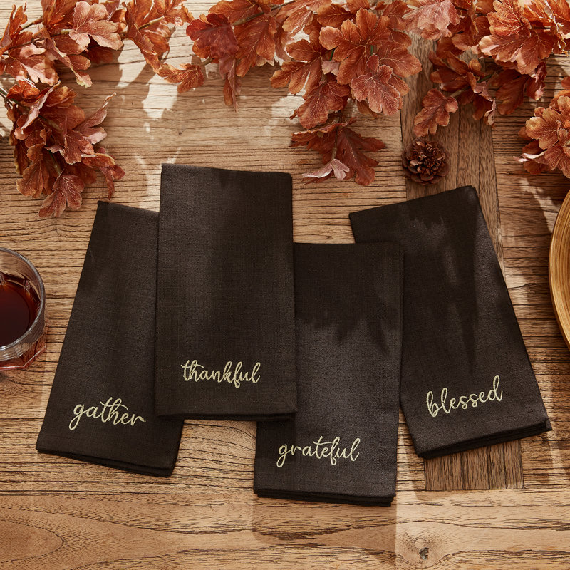Aveneet 100% Cotton Harvest Sentiments Embroidered Square Napkin, Dark Brown