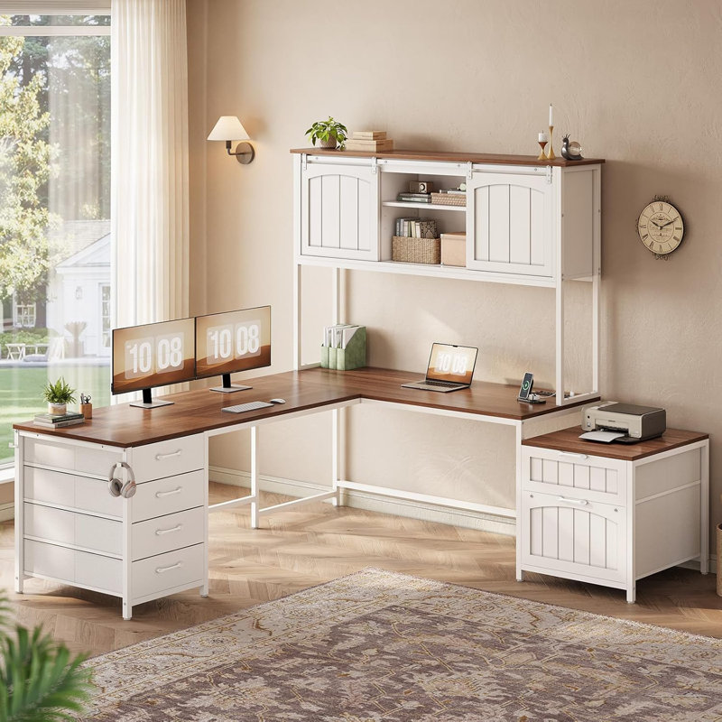 Farmhouse L Shaped Office Desk With 6 Drawer, Reversible Computer Corner Desk, Brown/White