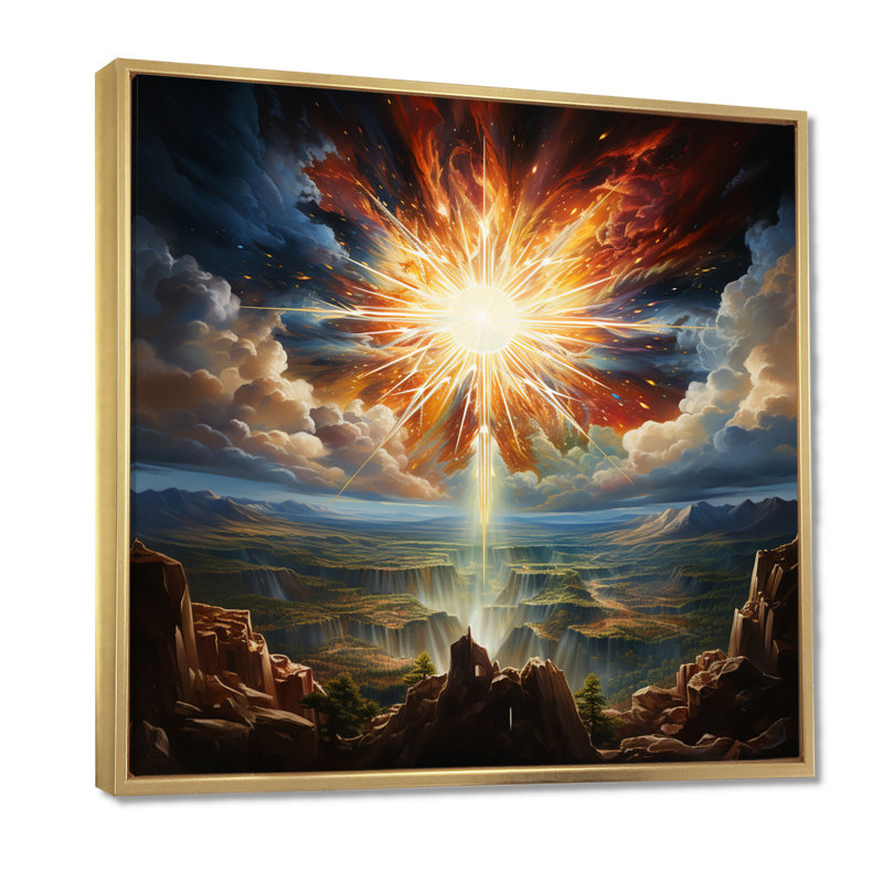 Coucher de soleil, explosion sur les collines, impression d'art mural, Cadre doré flottant, bois massif, H 16 po x l 16 po
