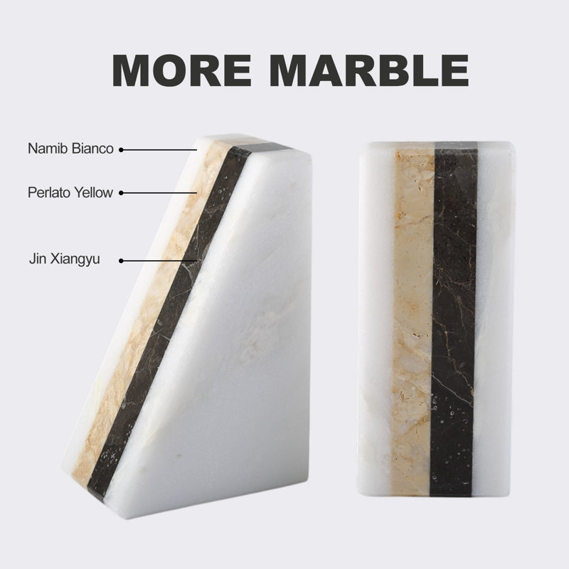 Serre-livres en marbre naturel (lot de 2), supports de livres modernes en pierre pour la décoration d'étagères