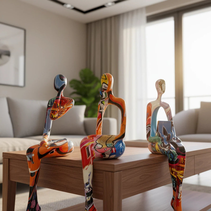 3pcs Modern Minimalist Human Figure Sitting Pose Resin Ornaments,, Teal