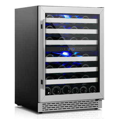 46 Inch Wine Fridge Under Counter -28 Bottles Dual Zone Freestanding Wine Cooler in Stainless Steel Finish with Double Tempered Glass & Reversible Doo on Fridge.com