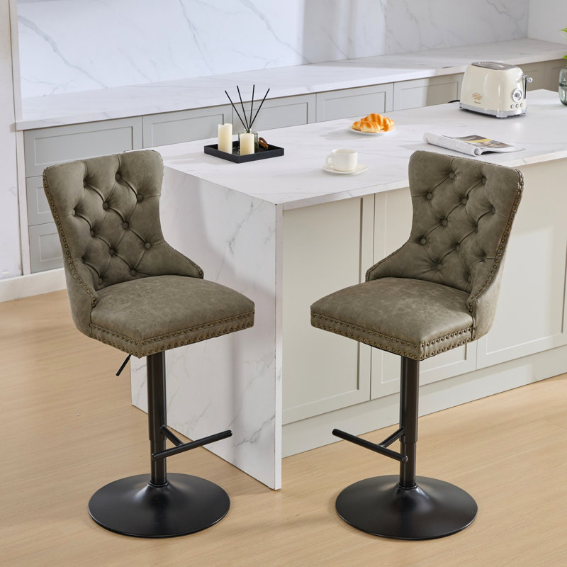 Pu Leather With Adjustable Height, Comfortable Back For Home Pub Kitchen Island  Olive , 2 Chairs, Olive Green