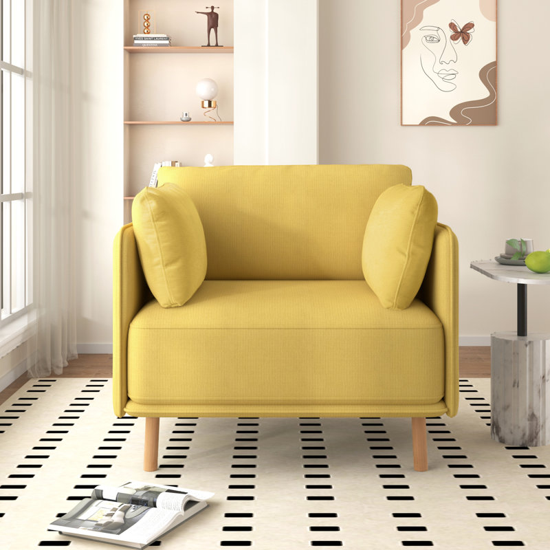 Chaise moderne à pieds, 39 po, revêtement jaune avec coussins confortables pour le confort de la maison