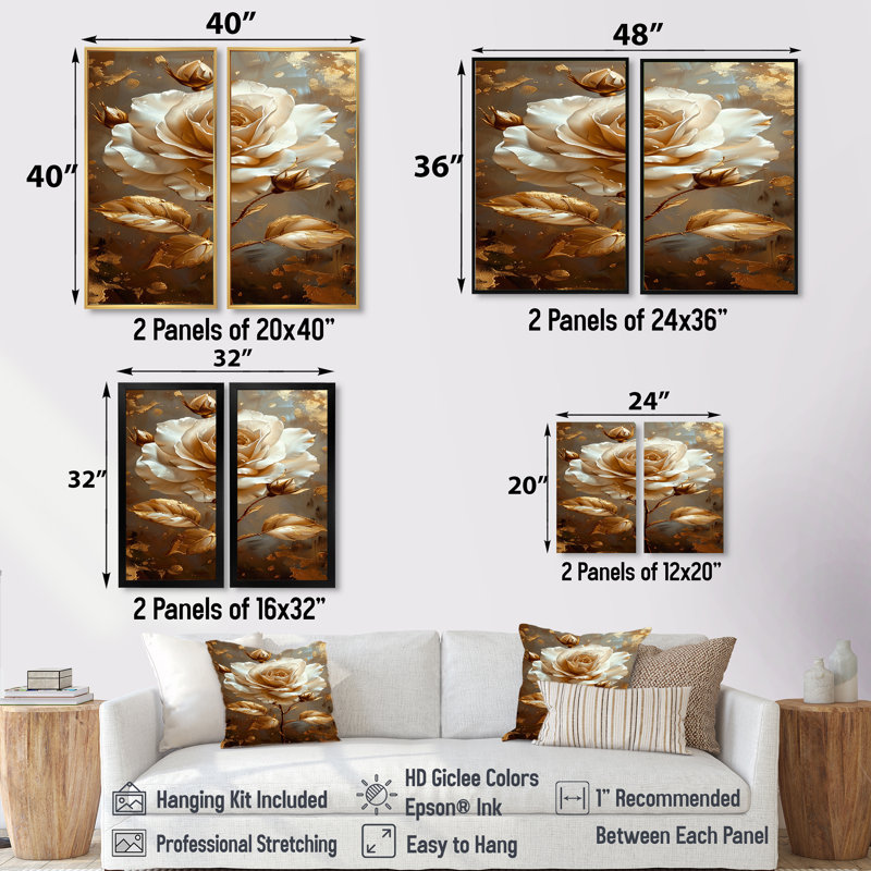 «Gilded White Rose Golden Glam Leaves», art mural encadré rose, impression sur toile florale blanche 2 panneaux, Toile tendue