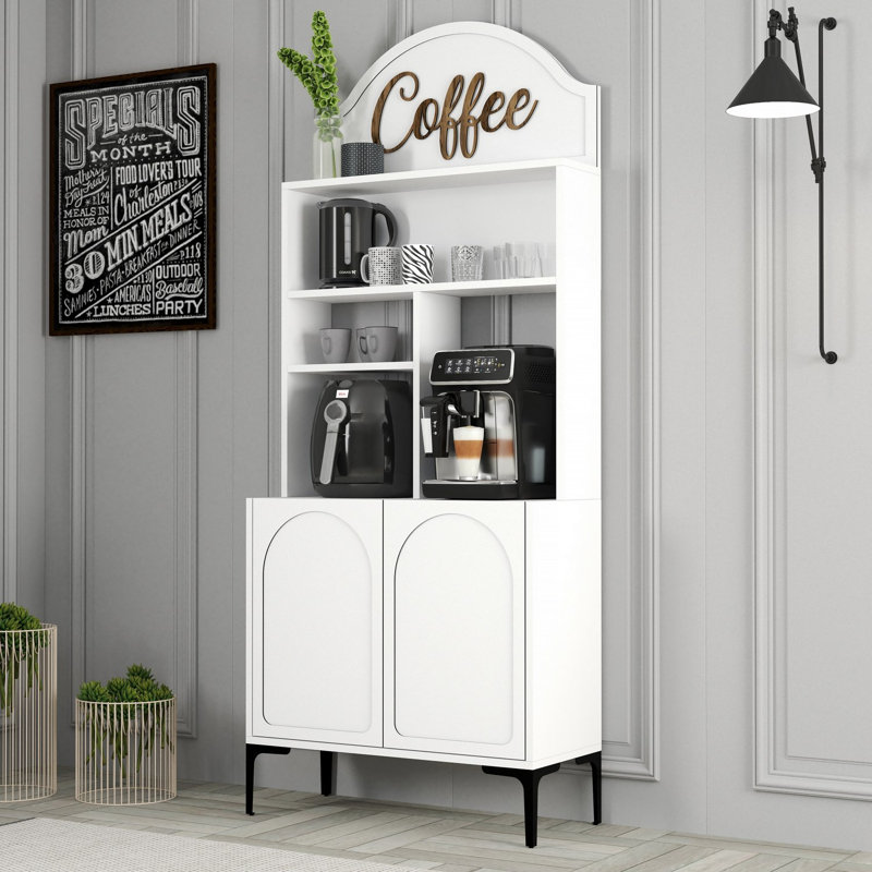 Modern Coffee Bar Cabinet, White & Black, 32.0 x 79.1 x 13.8 inches | 100% Melamine Coated Particle Board, Thickness: 0.7 inches | Multiple Shelves, Stylish & Functional Design for Home & Office Use