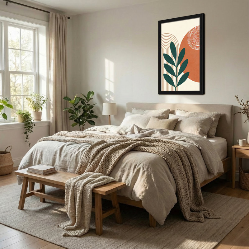 Motif de feuille abstrait avec des tons de terre et des cercles, H 24 po x l 16 po