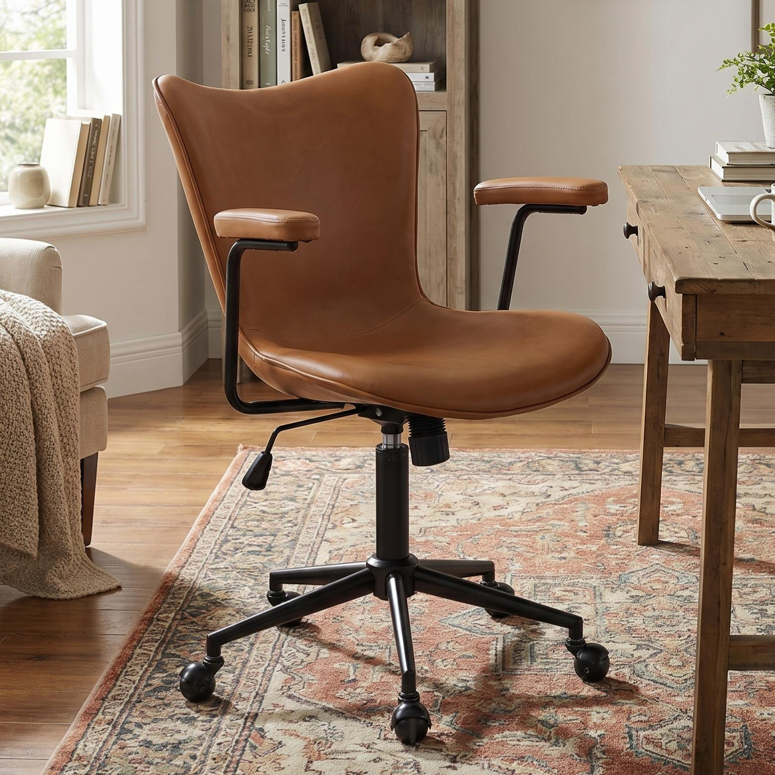 Fabric Office Chair Adjustable Swivel Task Chair With Padded Armrests Comfortable Desk Chair For Home Office Vanity Room
