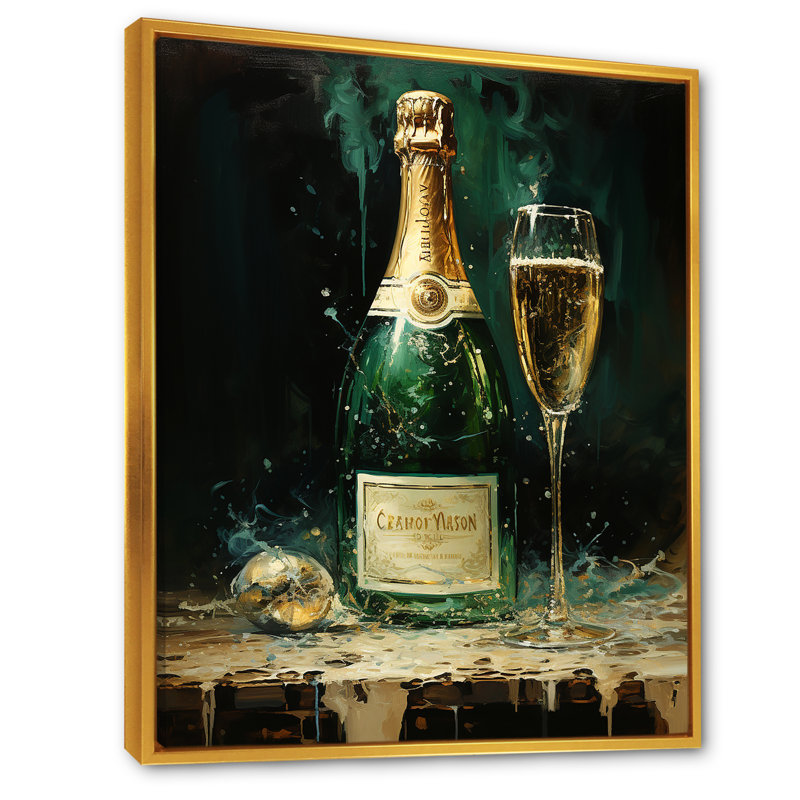 «Gold and Emerald Champagne Dream I» - Impression sur toile champagne, H 32 po x l 16 po x P 1 po, Cadre flottant doré