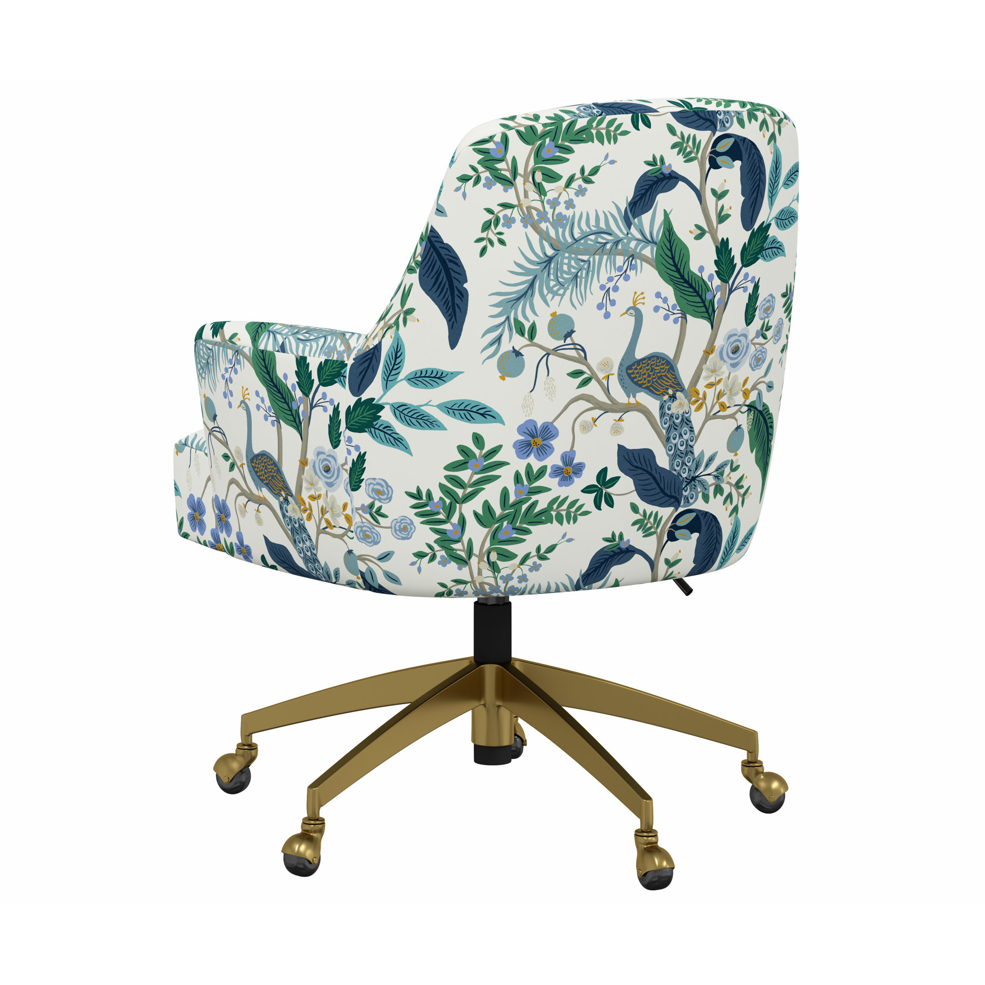Rifle Paper Co. x Cloth & Company Yvette Office Chair, Brushed Gold, Rpc Peacock Blue & White Linen