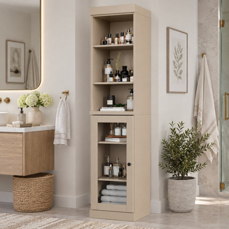 100% Solid Wood 16.5" Bathroom Storage Cabinet with Clear Glass Doors and Adjustable Shelves, Beige