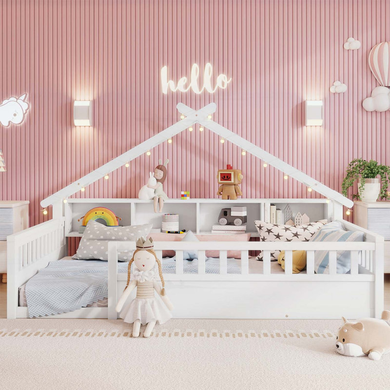 Lit sur pied avec lumière et rangement, White, Full