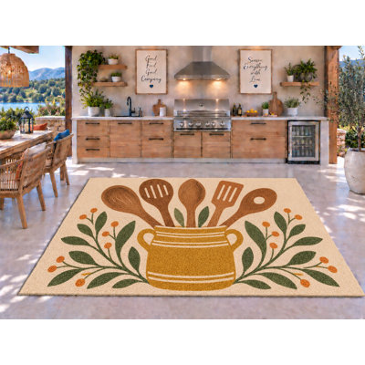 Tapis d'extérieur de 5 pi x 7 pi avec cuillère en bois et motif floral en PVC imperméable à l'eau, tapis de patio robuste, tapis d'extérieur à séchage rapide pour le porche, le balcon, l'entrée, le camping.