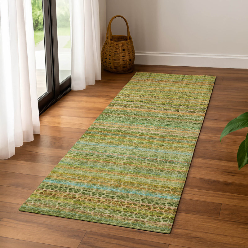 Premium Machine Washable Mayfield AMF2155 Striped Rug, Runner 2'3" x 7'6", Green
