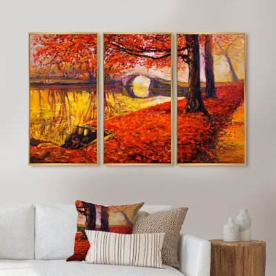Coucher de soleil romantique à travers les arbres dans le parc II - ensemble de 3 reproductions sur toile