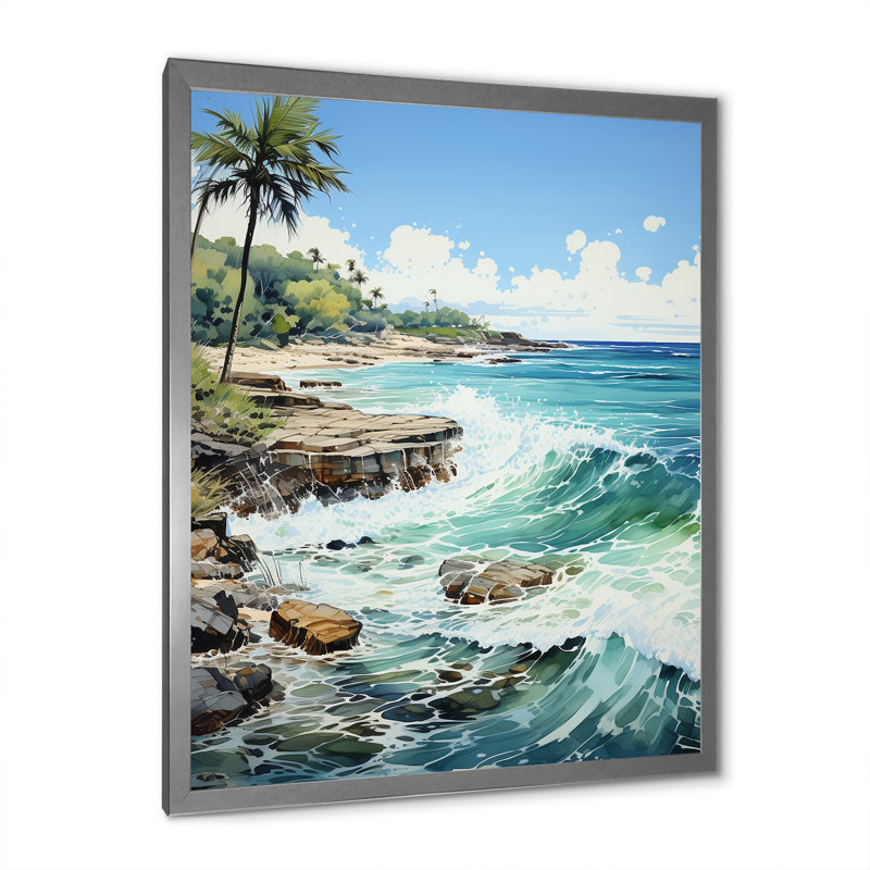 «Azure Seascape Palms Horizon III», reproduction sur toile, Encadrement argenté, H 32 po x l 16 po x P 1 po