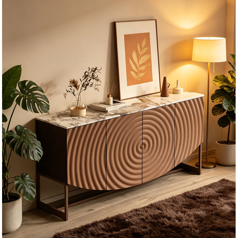 Artistic Curved Storage Sideboard Cabinet, Three-Dimensional Wave Texture Panel, Easy-Clean Faux Marble Countertop, Sturdy Metal Legs, Multi-Purpose 4-Door Buffet Cabinet for Nordic Minimalist Home Decor