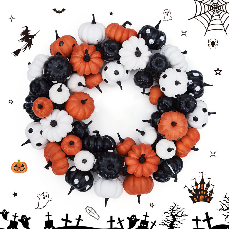 Halloween Pumpkin Wreath, 45cm Autumn Wreath for Front Door with Orange, Black and White Pumpkins, Rattan Base Halloween Indoor Outdoor Home Party Decor