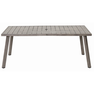 Table de salle à manger rectangulaire extensible pour l'extérieur avec trou pour parasol intégré, plateau à lattes résistant aux intempéries et structure en fer robuste pour une utilisation en terrasse