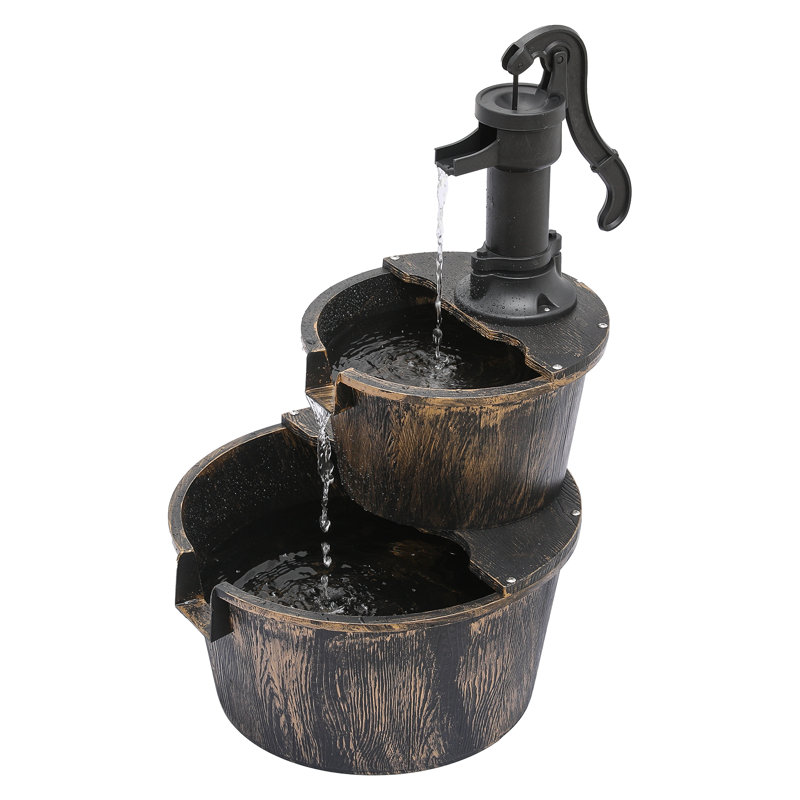 Rustic Brown 2-Tier Barrel Waterfall Fountain with Pump