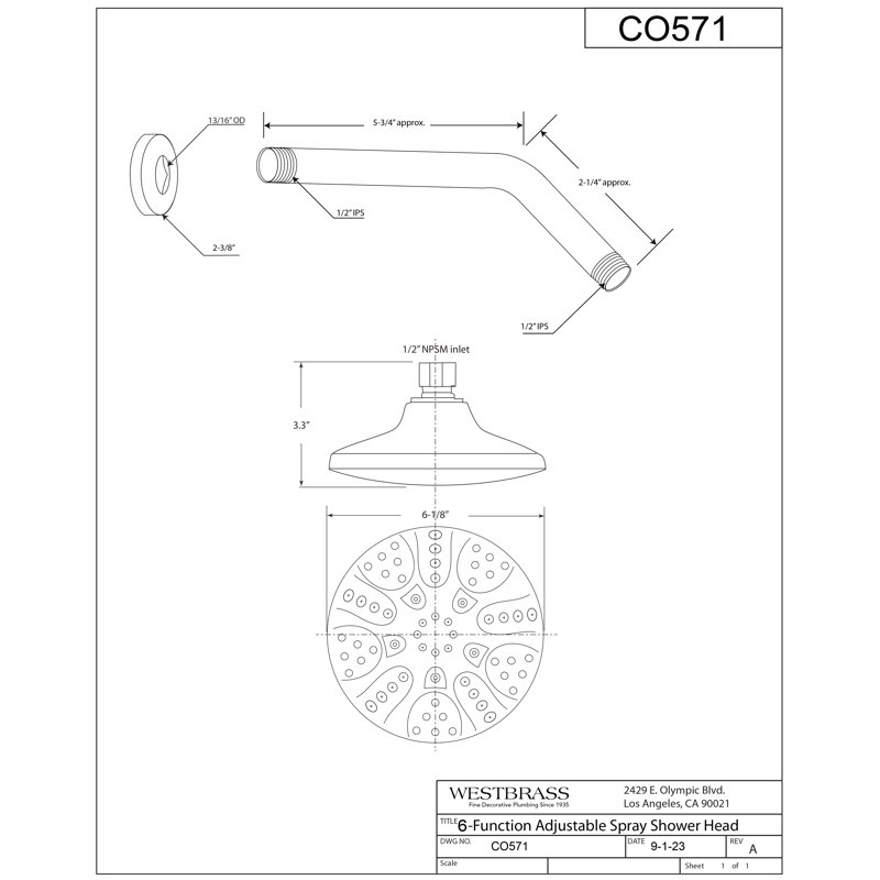 6" Round Thin 6-Function Adjustable Spray Shower Head with 8" Wall Mount Arm, Matte Black