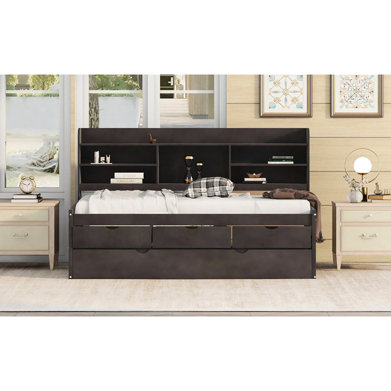 Antique Gray Wooden Captain Bed With Built-In Amassment Shelves, 3 Storage Drawers And Trundle, Full Size Grey Bookshelves, &