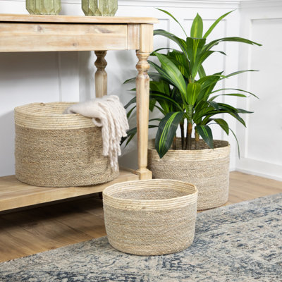 Set Of 3 Twisted Weave And Zig Zag Sewn Seagrass Storage Baskets 16.5"