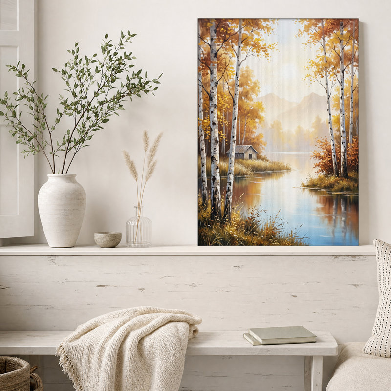 Tableau sur toile représentant des bouleaux dorés d'automne au bord d'un lac, H 18 po x l 12 po