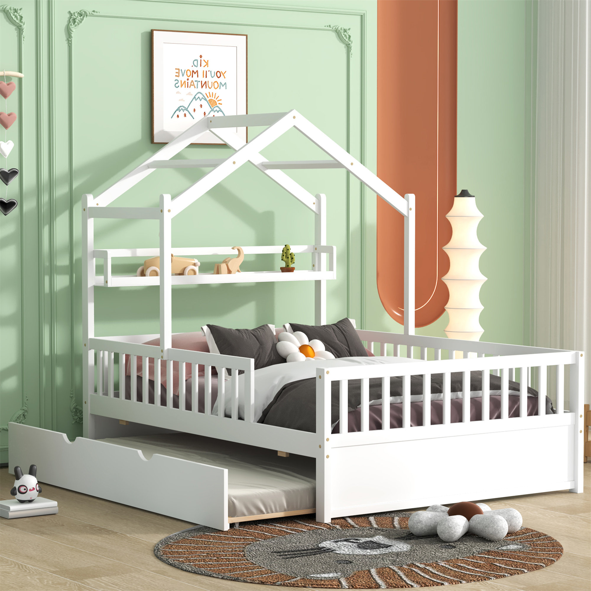 2 Color Wooden Full Size House Bed With 2 Drawers, Kids Bed With Fence For Child Teens Girls Boys