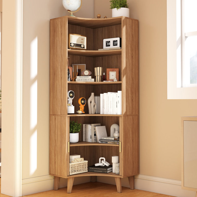 Bibliothèque d'angle de 66,92 po de hauteur, tablette à 5 niveaux, Naturel