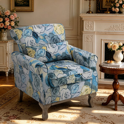 Floral Print Velvet Accent Chair With Pillow, Solid Wood Legs