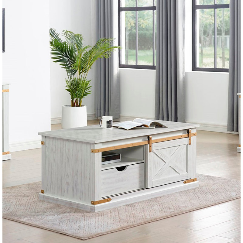 Table basse de salon de style rustique blanc antique 1pc avec tablettes ouvertes