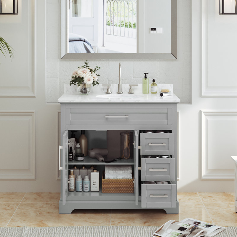 Auben 36" Bathroom Vanity With Engineered Marble Top, White/Gray