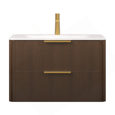 30 Bathroom Vanity With Sink, Floating Ultra-Pinstriped Plywood Storage Cabinet With Drawers, Carrara White Sintered Stone Hot-Bent Integrated Basin, Pre-Assembled, Italy Walnut Woodgrain Color