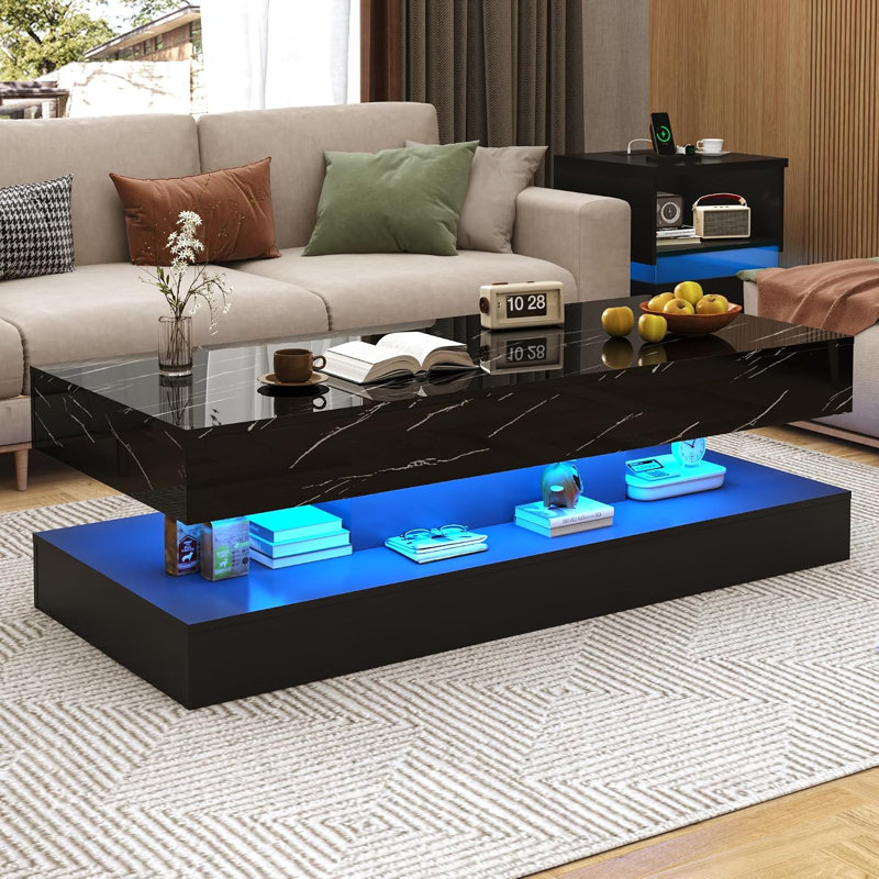 Grande table basse 55,1 po à DEL ultrabrillante avec 2 tiroirs, H 15,7 po x l 55,1 po x P 23,6 po, Marbre noir, Noir