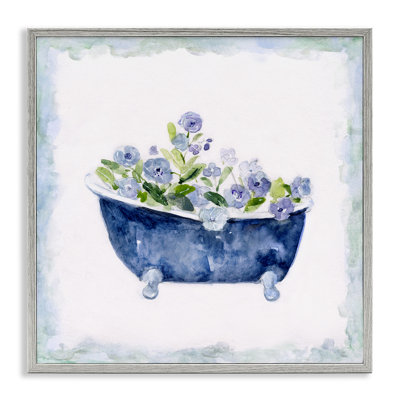 Charming Blue Bathtub Botanical Floral Design Watercolor Border by Sally Swatland - Painting